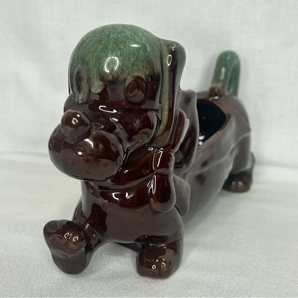 Vintage RedWare Terracotta Dachshund Planter Dresser Caddy Weiner Dog Dish 8”x5”